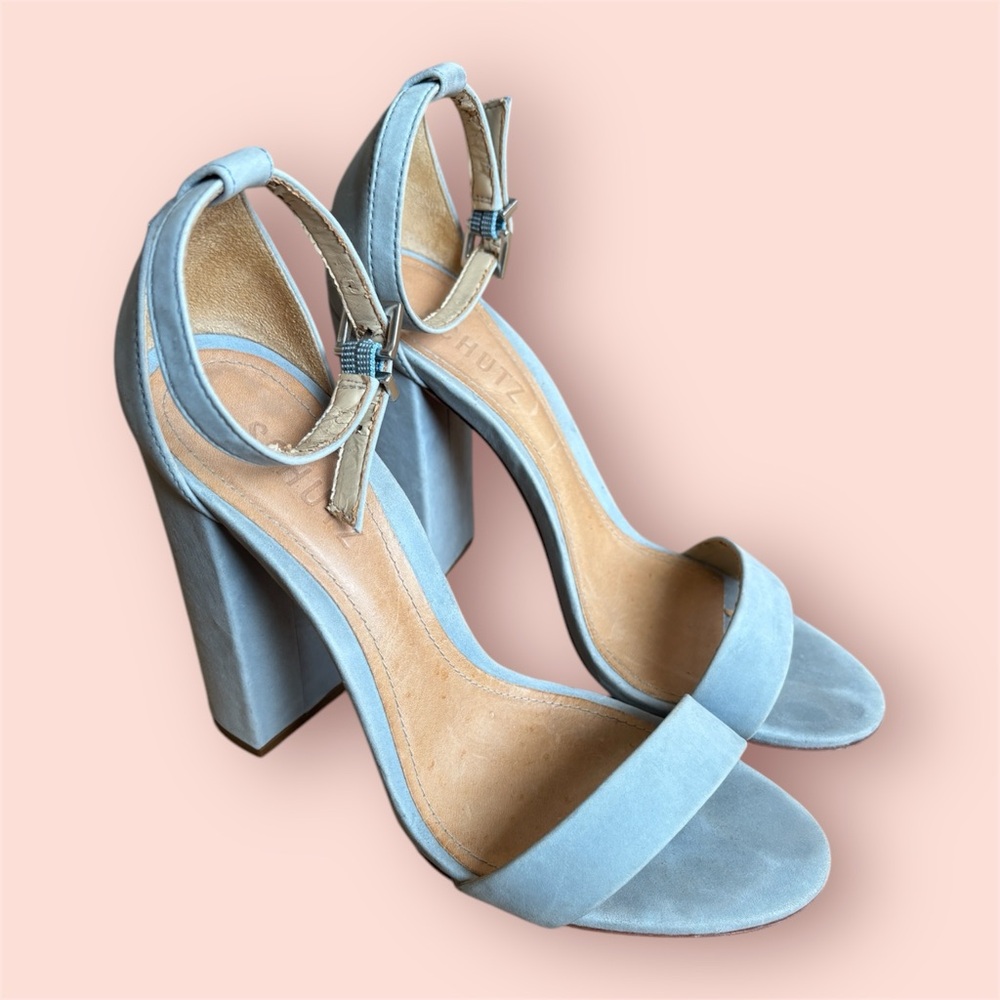 SCHUTZ REVOLVE ANKLE STRAP BLUE SUEDE CHUNKY HEEL 6.5